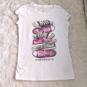 Kids converse tee, size M, White with some pink and grey shoes on them